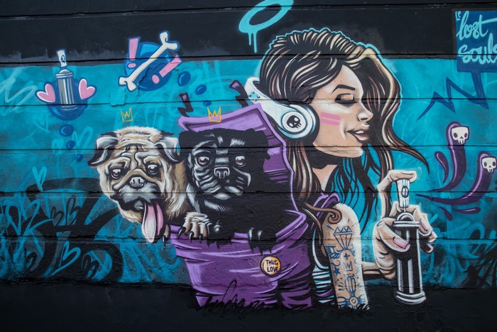 Graffiti of Pugs and a Girl with Headphones