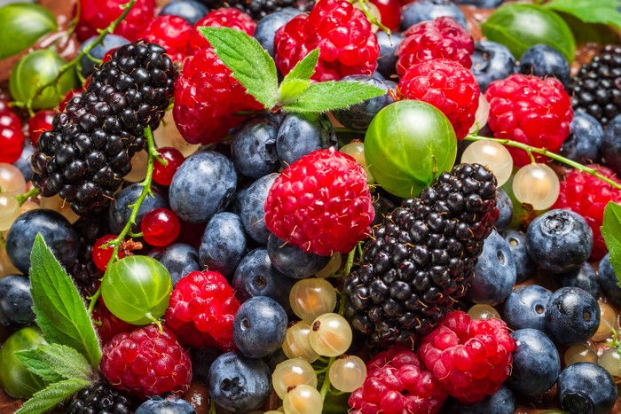 Close-up of fresh berries including raspberries, blueberries, blackberries, and gooseberries