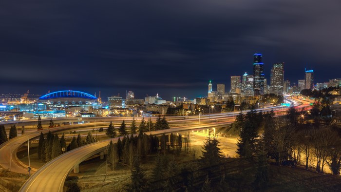 Seattle Skyline and Stadium at Night