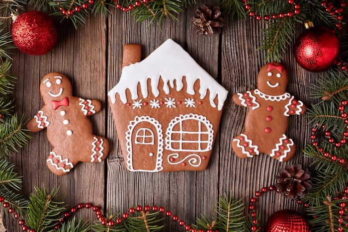 Christmas gingerbread house and cookies with decorations