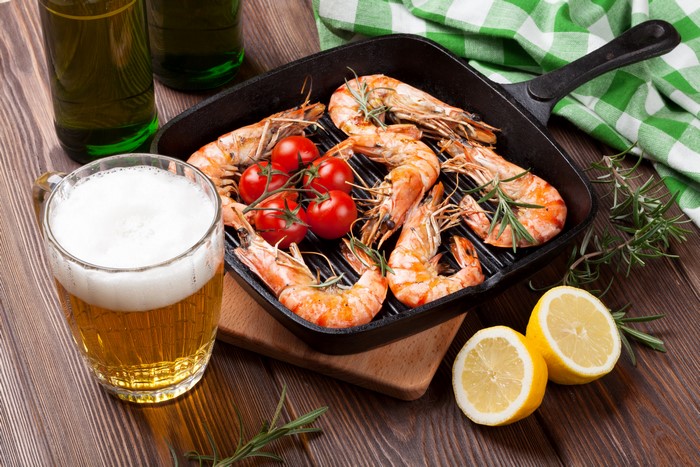 Grilled Shrimp with Tomatoes, Lemons, and Beer