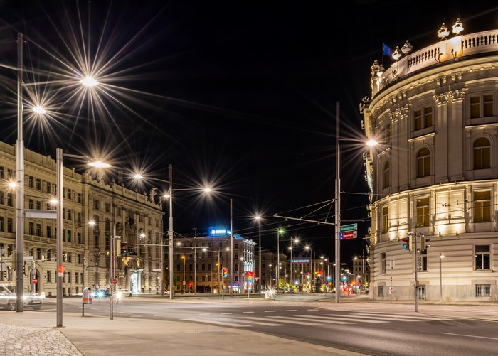 Vienna street at night with street lights and buildings