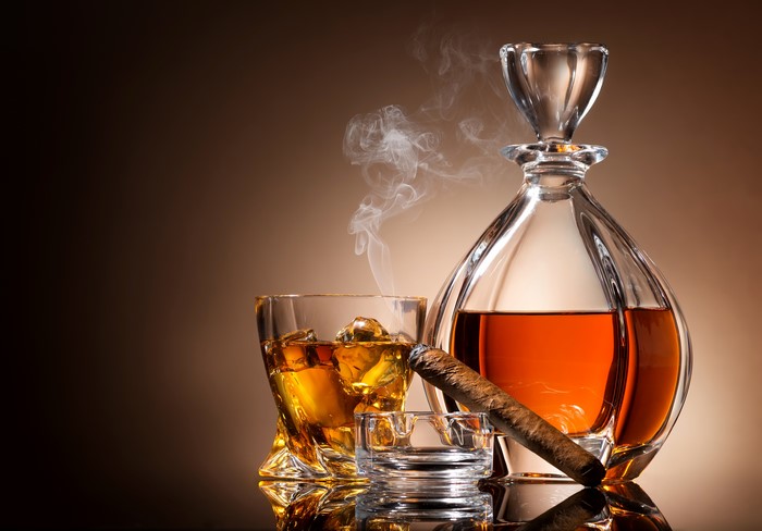 Whiskey Decanter, Glass, Cigar, and Ashtray with Smoke