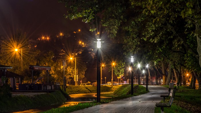 Night park with street lights and benches in Samobor, Croatia