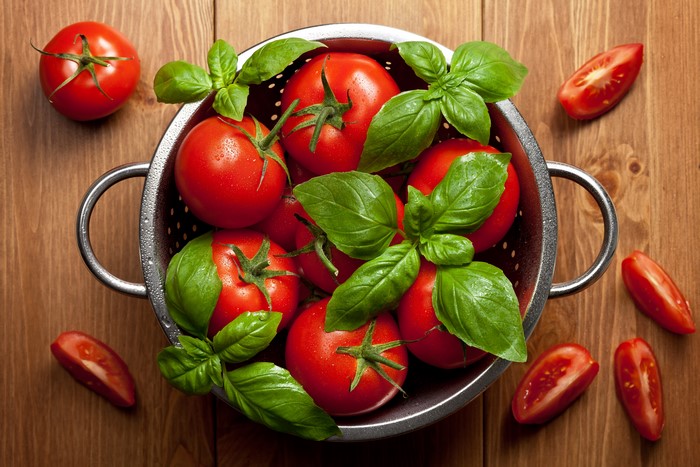 Tomatoes and Basil in a Colander
