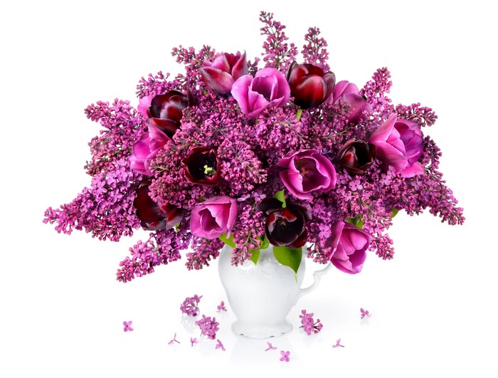 Bouquet of Tulips and Lilac in a White Vase