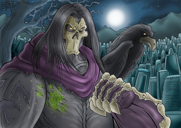 Death from Darksiders II with a crow in a graveyard
