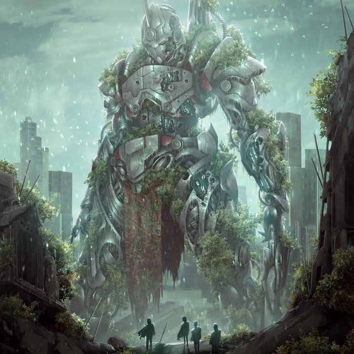 Giant Overgrown Robot in Post-Apocalyptic City