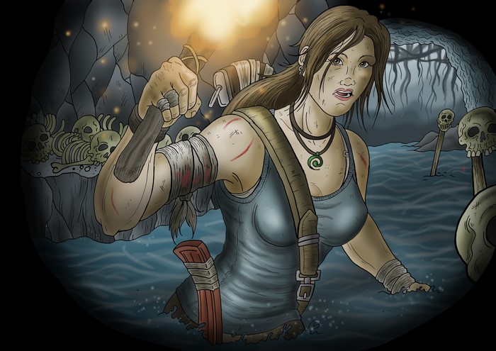 Lara Croft from Tomb Raider 2013 holding a torch in a cave