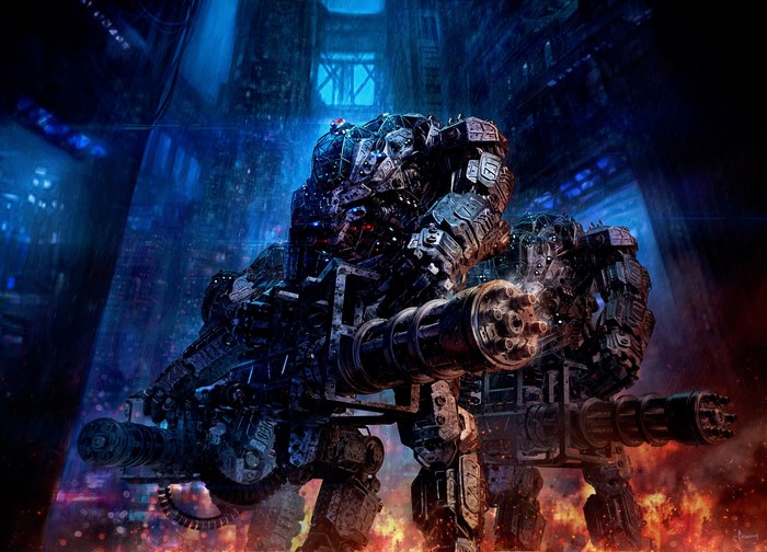 Giant robot with machine guns in a futuristic city