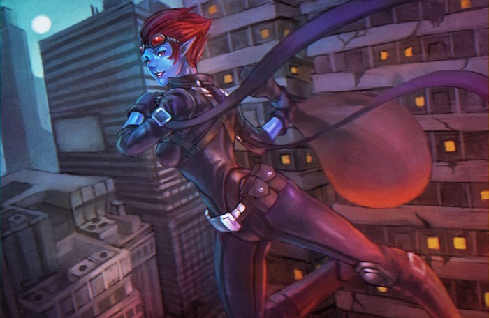 Evelynn from League of Legends in a city