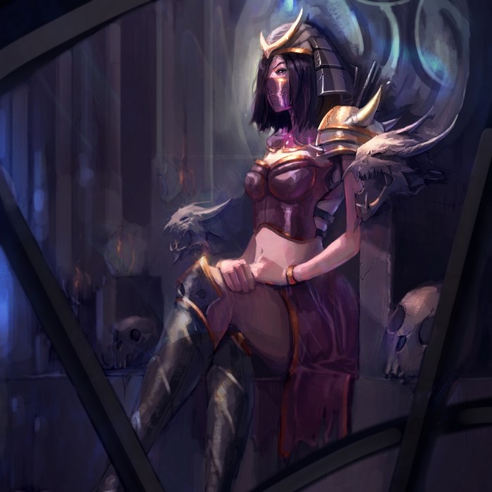 Mileena from Mortal Kombat sitting on a throne