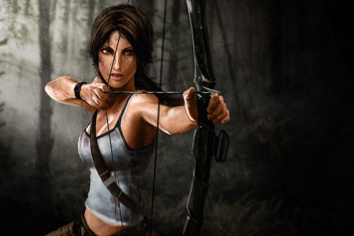 Lara Croft from Tomb Raider aiming a bow