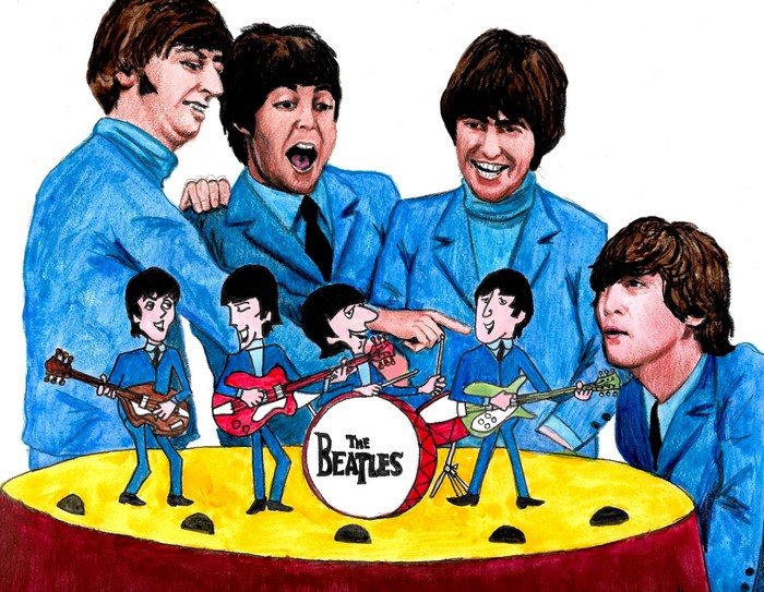 The Beatles band members in blue suits