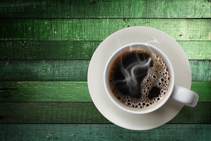 Coffee cup on green wooden planks