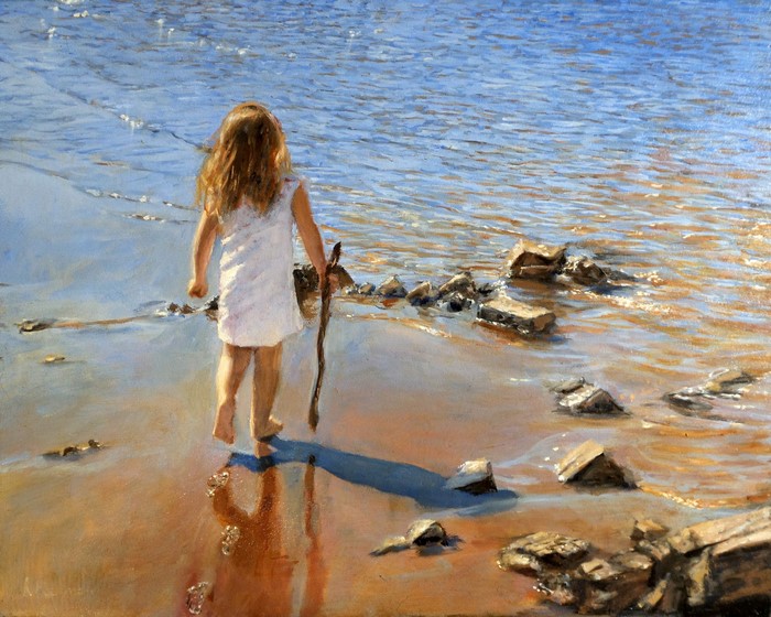 Girl with stick by the water