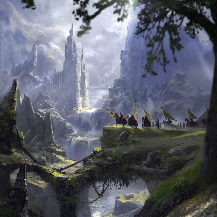 Knights on horseback in a fantasy landscape with a castle