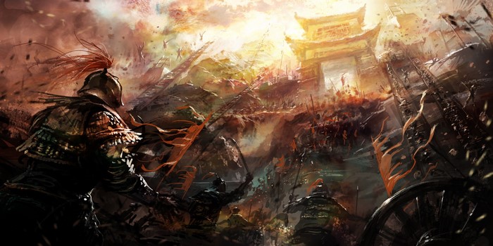 Warriors in a large-scale battle at a gate