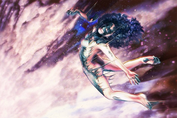 Woman jumping in a cosmic cloud