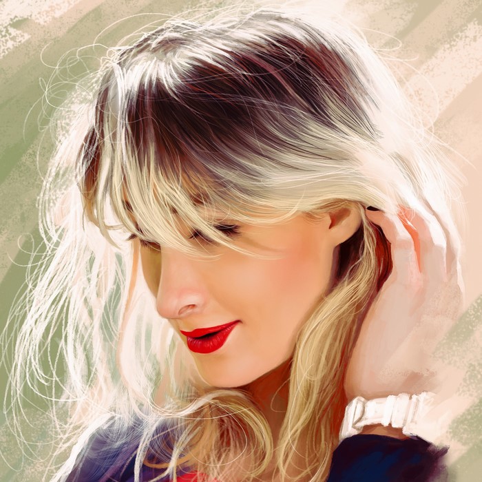 Painting of a blonde woman with red lipstick