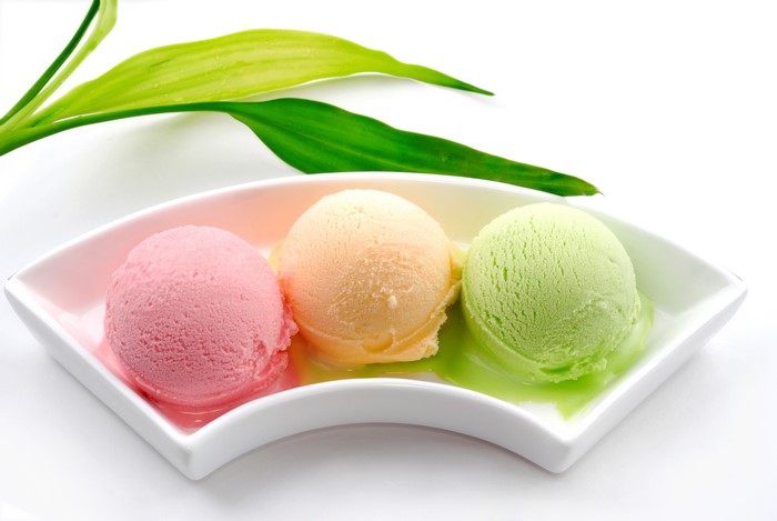 Three scoops of ice cream on a white plate