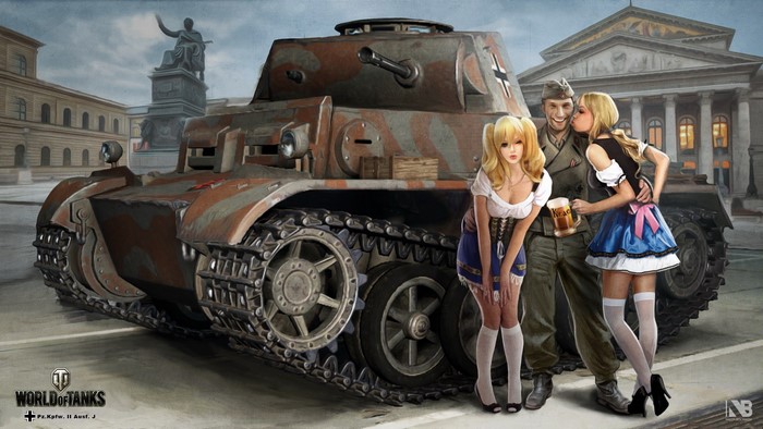 Pz.Kpfw.II Aust.J tank with two women and a soldier from World of Tanks