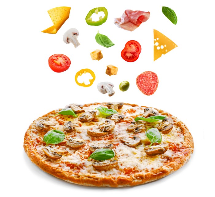 Pizza with falling ingredients on white background