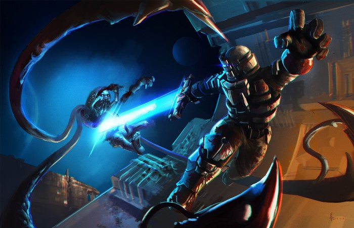 Isaac Clarke from Dead Space fighting a Necromorph
