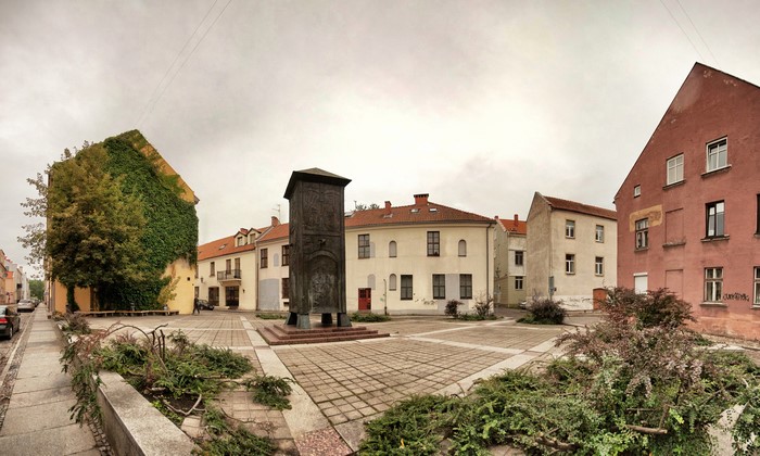 Old Klaipeda, Lithuania Square with Monument and Buildings