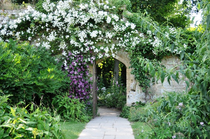Stone archway in a garden with white and purple flowers