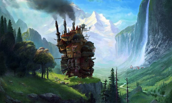 Howl's Moving Castle in a fantasy landscape