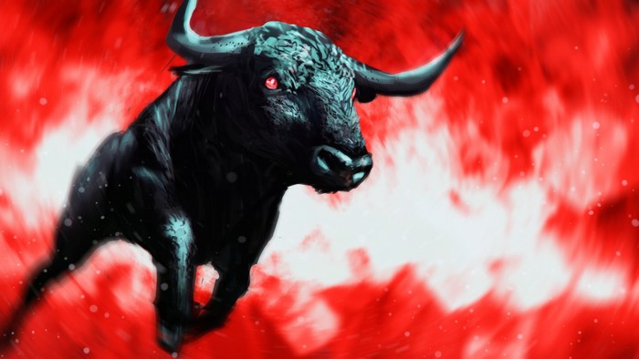 Black bull with red eyes running on red background