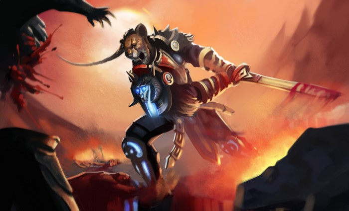Warrior with feline head and sword in battle