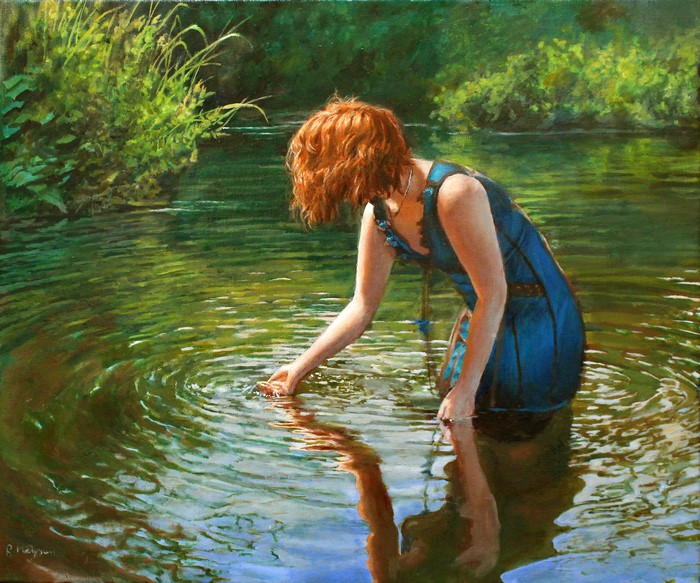 Redhead girl in blue dress touching water by Ralf Heynen