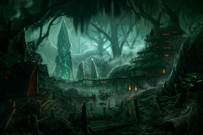 Dark fantasy swamp village with glowing crystal