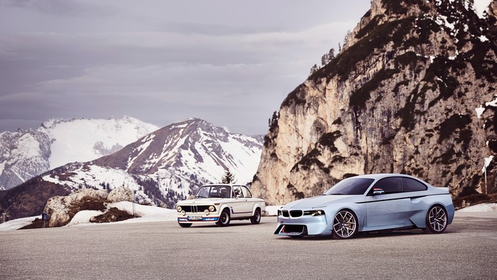 BMW 2002 Hommage Concept and classic BMW in mountains