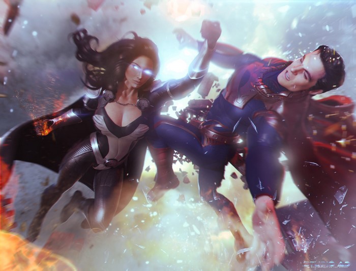 Superman fighting Synestra