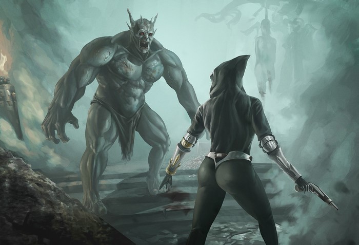 Monster fighting a warrior in a cave