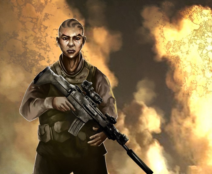 Soldier with assault rifle in front of fire