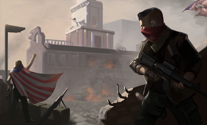 Soldiers in a war-torn city