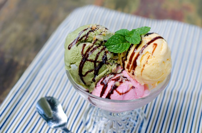 Ice cream sundae with chocolate syrup and mint