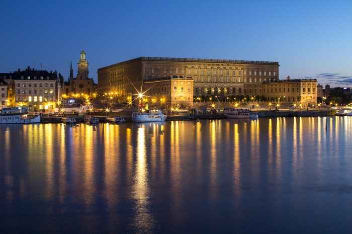Stockholm waterfront at night with Royal Palace and Gamla Stan