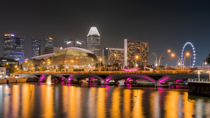 Singapore skyline with Esplanade and Ferris wheel at night