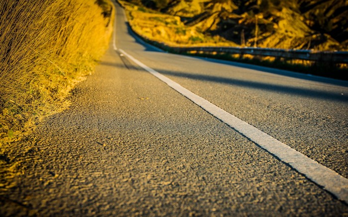 Empty asphalt road with white line and dry grass