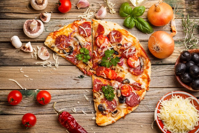 Pizza with Salami, Tomatoes, Mushrooms, and Olives