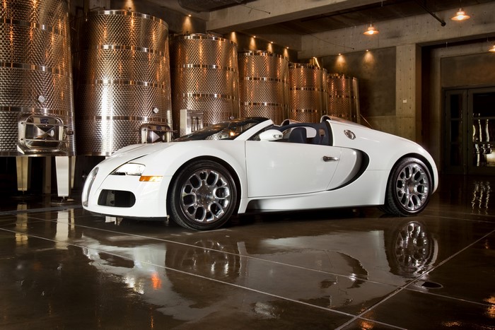 White Bugatti Veyron Grand Sport Roadster in winery