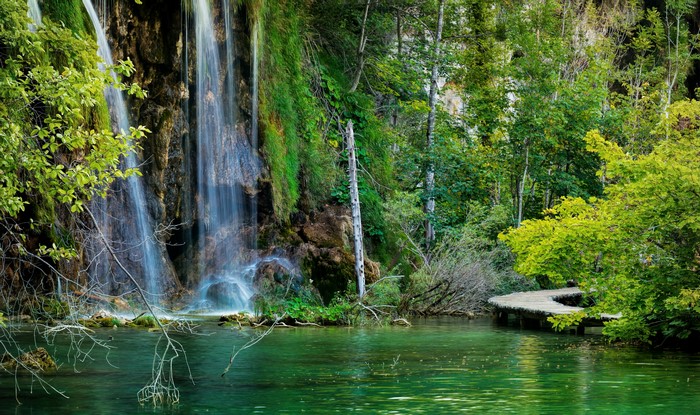 Waterfalls and boardwalk at Plitvice Lakes National Park, Croatia