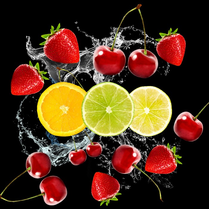 Strawberries, Cherries, Orange, Lime, and Lemon slices with water splash