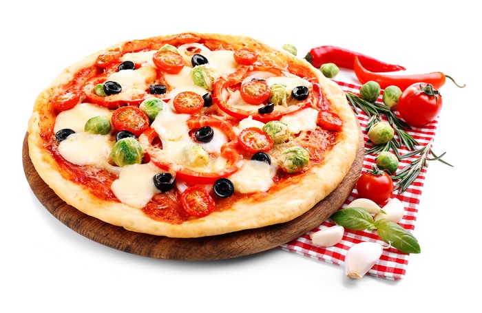 Pizza with Tomatoes, Olives, and Brussels Sprouts