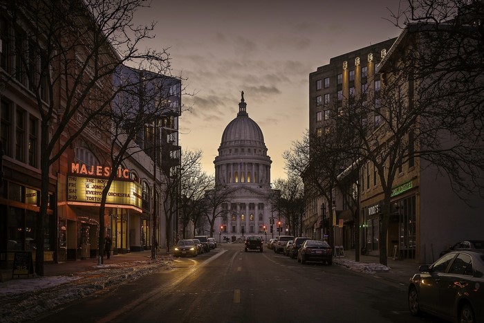 Wisconsin State Capitol building at dusk